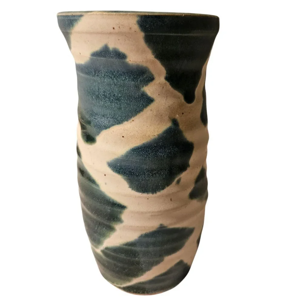 Handmade Pottery Vase Turquoise & White, Unique, Home Decor, Signed‎